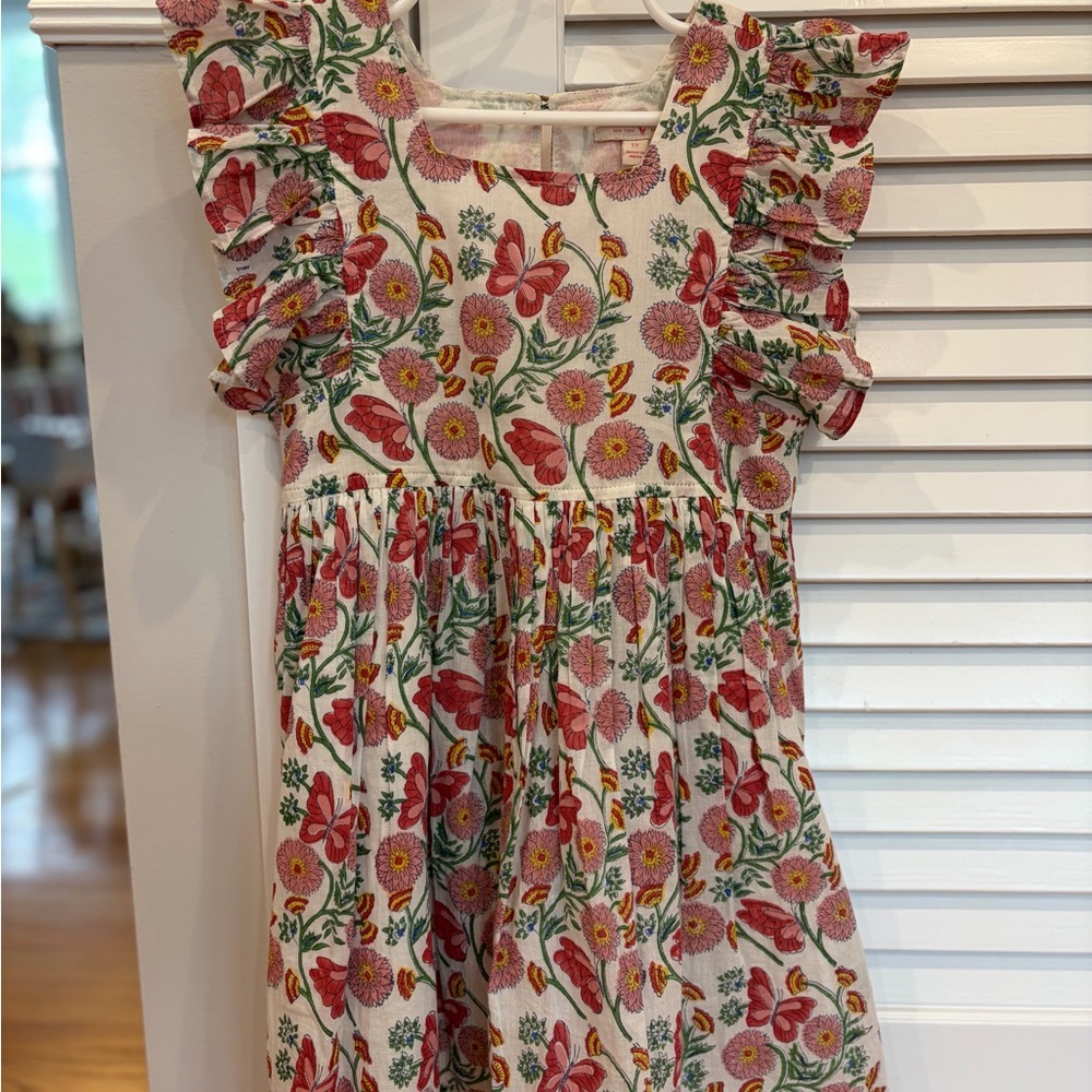 Pink Chicken White Floral Butterfly Ruffle Dress - Pink & Green